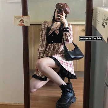 Gothic Lolita Vestido de Mulher Xadrez Kawaii de Proa do Partido Mini Vestido de Babados Vintage do Japão coreano Doce Vestido Novo 2020 Mulheres de Outono