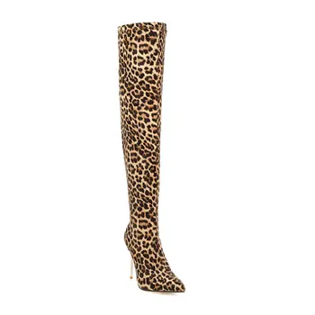 ZawsThia 2020 leopardo de prata sexy festa de casamento sapatos de salto alto sapatos de mulher sobre-a-a altura do joelho, meias botas overknee trecho botas
