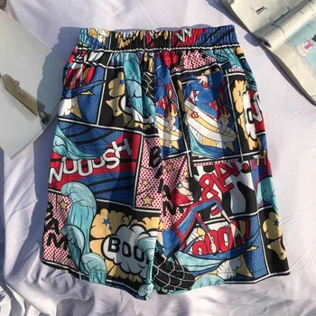 Verão, Praia, masculina Casual Conjunto de Roupas de Harajuku em Quadrinhos Impressas Estilo Quimono Camisa + Shorts de Elástico de Férias de Duas peças de Agasalho