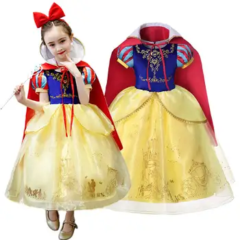 MUABABY Deluxe Princesa Branca de Neve Traje Meninas Puff Manga em Camadas Festa Vestido com o Manto Crianças de Halloween Roupas Extravagantes
