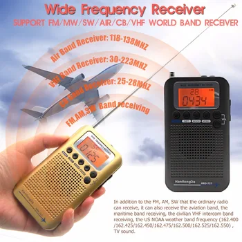 JINSERTA Avião Cheio de Banda de Rádio VHF Receptor de Rádio Portátil AM/FM/SW/CB Mundo da Banda Estéreo, Gravador de despertar Relógio Despertador, Tela LCD