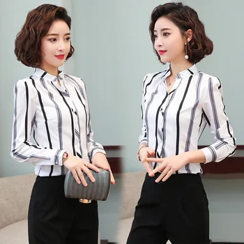 O Coreano Camisas De Chiffon Mulheres Blusa Listrada Mulher Floral Shirt Mulher Manga Longa De Impressão Blusas, Tops Plus Size Mulher De Pescoço De V Camisas