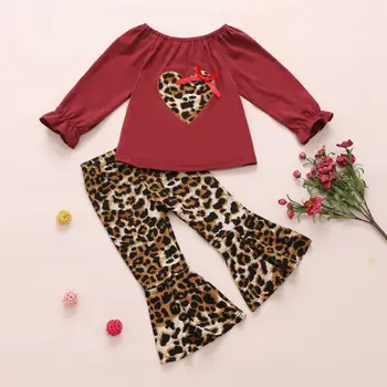 1-5Y de Criança de Bebê Garoto Meninas Leopard Conjunto de Roupa de Dia de são Valentim Roupas Coração de Amor Tops + Flare Pants Crianças Trajes de Primavera