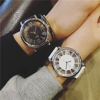 Moda unissex Relógio Homens Mulheres Design Simples Romano de Relógio de Quartzo De 2017 Quente Retrô Preto e Branco Oco com ligação Relógio LZ2205