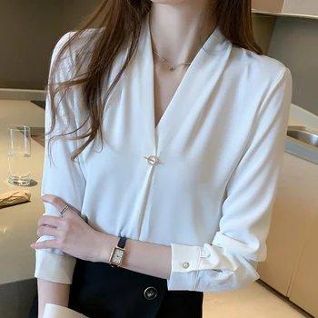 Blusas Femininas Elegante Chiffon Branco Camisa das Mulheres Blusa com decote em V Outono 2020 Novo Manga Longa Office Blusas Camisa 822H