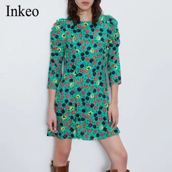 2020 Verão as mulheres elegante, O decote casual Mini vestido de Verão feminino Puff manga estampa Floral vestidos de Renda até vestidos INKEO 9D173