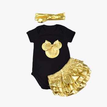 O bebê Meninas Conjuntos de Vestuário de Algodão Macacão de Ouro mouse Plissado Bloomers Shorts Cabeça Sapatos 4pcs Ternos Recém-nascidos Roupas de Crianças
