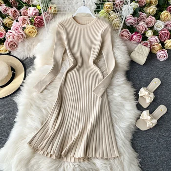 ALPHALMODA 2020 Outono Inverno Mulheres Elegantes Plissado Vestido de Malha de manga comprida, Uma fina linha Retro de Senhoras de Vestido de Camisola