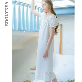 2021 Mulheres De Moda De Pijamas Lanterna Manga Arco Sólido Branco De Algodão Breve Estilo Vintage Vestido De Noite Longa Camisola Lingerie T96