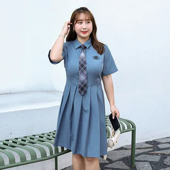Chic de Verão Meninas do Colégio estilo Plissado Carta Vestido Bordado Oversize Mangas Curtas coreano Estudante de Vestir