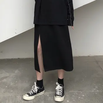 Verão de Cintura Alta preta Saias das mulheres 2019 Casual cor sólida cintura alta de uma linha de saia longa e mulheres (X299)