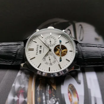 Parnis 43mm Branco Mostrador Mecânico Automático Homens Relógio de Pulseira de Aço Inoxidável dos Homens Relógios 2020 top de marcas de luxo caixa presente de homem