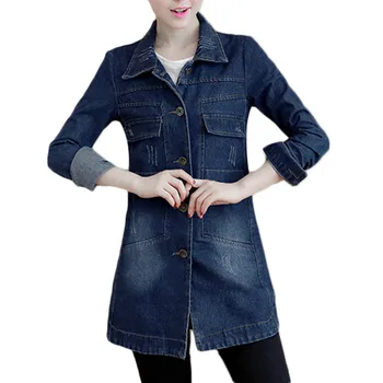 Outono Inverno coreano Jaqueta Jeans Mulheres Slim Longo da camada de Base de Mulheres Desfiado Azul Marinho tamanho Plus Jeans, Jaquetas Casacos de Frio 5XL A364