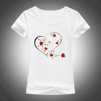 Moda de verão do algodão do t-shirt do AMOR das mulheres Subiu de coroa de flores impresso, O-Pescoço curto tops de manga tees camiseta 1890