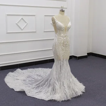 Luxo Osso Vestidos de Noiva Apliques de Renda Sereia Com Pena de Vestido de Noiva 2020 SJ434