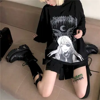 Nova Primavera, Outono Harajuku T-Shirt das Mulheres Tops BF Estilo Ímpios Divertido Demon Girl Impressão de Mangas compridas, Camisetas Soltas de Vestuário de Mulher