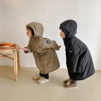 Inverno Crianças Novas Casual Algodão Acolchoado Roupas Versão coreana de Meninos e Meninas de Cor Sólida Longa com Capuz Espessamento do Revestimento 2020