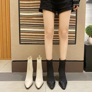 2020 Nova Moda Sexy apontou alta de alta elasticidade das mulheres botas de espessura, com costura fina e meias botas de selvagem finas botas de salto alto