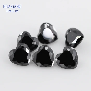 Único Furo AAAAA Forma de Coração Preto Zirconia Cúbico de Pedra Para Fazer Jóias 4x4~12x12mm de Alta Qualidade CZ