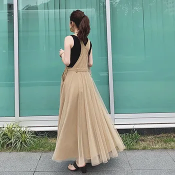 Caqui Suspensórios De Malha Sem Mangas Cintura Alta De Mulheres De Vestido Japão 2020 Verão Senhoras Vestidos Maxi Coreia Expansão Femme Vestiods