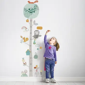 Animais dos desenhos animados de árvore de medição da altura da parede, adesivos de decoração de casa de viveiro de decoração de quarto de adesivos sala de estar de plano de fundo adesivos