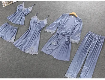 Sexy Lei De Seda Princesa Suspender Pijama Vestido De Cinco Terno De Peça Sexy Fina Saia De Casa De Serviço