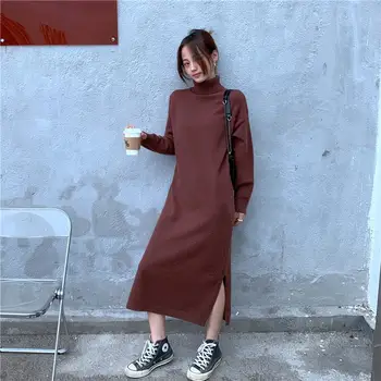 Mulheres Solta O Camisola De Malha Com Decote Vestido De Sólidos De Manga Longa Suave De Outono Inverno Casual Midi Vestido De Vestidos