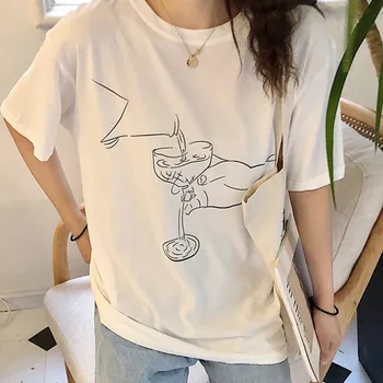 Genayooa Verão Gráfica Tees Mulheres O Pescoço Harajuku T-Shirt Das Mulheres Casual Amarelo Tee Tops Coreano Roupas Vintage T-Shirt 2021