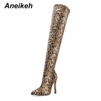 Aneikeh 2020 Tecido Elástico Serpentina de Mulheres Botas de bico Fino, de Sapatos de Salto Alto Sobre-o-Joelho Marrom Raso Tamanho 35-42