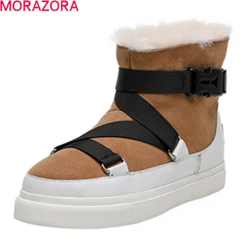 MORAZORA 2021 Nova chegada de neve de inverno botas de camurça de vaca apartamento confortável calcanhar, dedo do pé redondo cores misturadas no tornozelo botas para mulher de preto