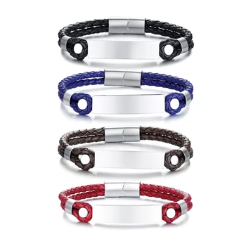 MingAo personalizado letras de aço inoxidável, bracelete de couro de moda de homens simples de moda pulseira em branco curvo marca pulseira de couro