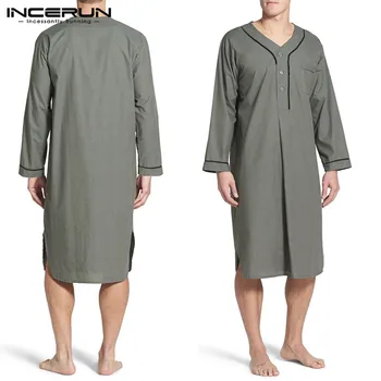 Os homens o Sono Vestes de Manga Longa, Decote em V Botão de Homewear Lazer Aconchegante, Roupão de banho de Alta Qualidade Mens Pijama 2021 Camisola Vestido INCERUN
