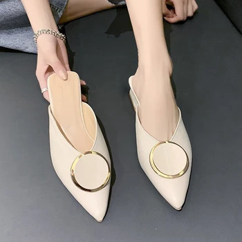2020 Mulheres Chinelos De Quarto Mulas Sapatos Elegantes Apontado Personalidade Fivela Senhoras Chinelos Confortáveis De Salto Baixo Exterior Slides