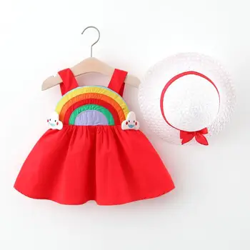 De verão, os bebés Vestidos de 2pcs Roupas Conjuntos de Crianças Roupas de Bebê sem Mangas Festa de Aniversário da Princesa Vestido de Impressão Floral +Enviar chapéu