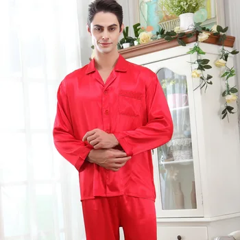 Cor-De-Rosa Pijamas Conjunto De Mens De Seda, Roupa De Mangas Compridas Vermelha Plus Size Seda Pijamas Para Homens Rayon Casa, Roupa Confortável E Suave Aconchegante