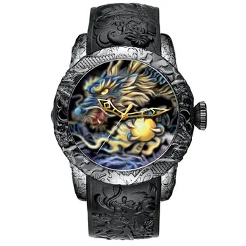 Marca de topo do Relógio de Quartzo do Esporte Impermeável Macho Preto Relógio Homens Relógios de Moda 3D Gravado Dragão Relógio Masculino de Luxo