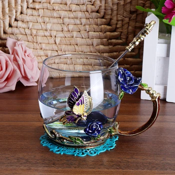 A beleza E a Novidade do Esmalte Xícara de Café, uma Caneca de Chá da Flor de Vidro Copos de Bebidas Quentes e Frias Xícara de Chá de Colher Conjunto Perfeito Presente de Casamento