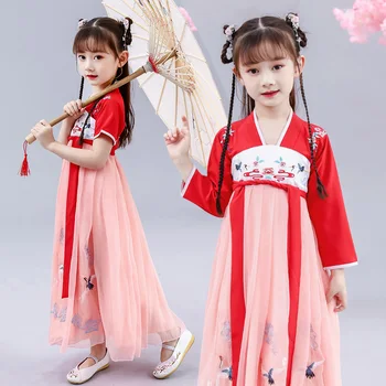 Oriental Chinesa Estilo Retro Hanfu Vestido De Criança Chinesa De Meninas Dança Folclórica Trajes Bordados Crianças Tang Terno De Desempenho