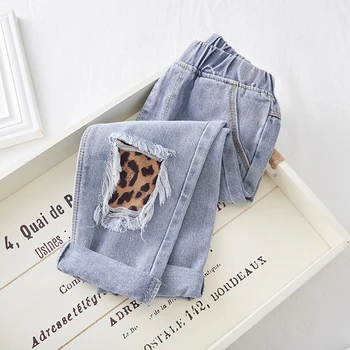 2019 nova coreano para crianças estampa de leopardo costurado jeans bebê de primavera e outono, calças