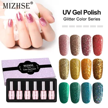 MIZHSE Glitter Gel Unha polonês Kits de Soak Off LED UV Glitter, esmaltes Conjunto de Manicure Verniz Semi-Permanente Verniz de Gel