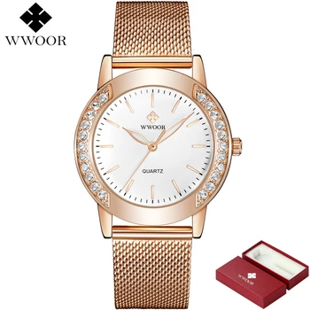 WWOOR Marca de Luxo, Mulheres Relógios Strass Vestido Quartz Ladies Watch Rose Gold Malha Banda Diamante Relógio de Pulso relógio de Pulso Feminino