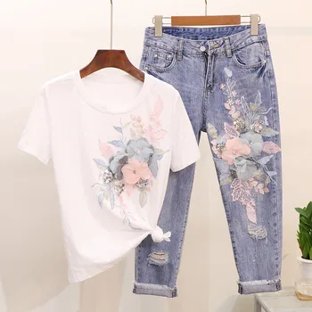 LUOSHA Mulheres 2019 Primavera, Verão Curto Manga Camiseta+Jeans Terno Bordado de Flores em 3D Oco Buraco Bainha StylishDenim Calças Conjunto