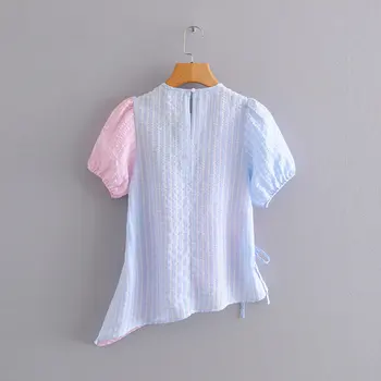 2020 moda mulheres o pescoço contraste de cor da manta de retalhos irregulares bainha blusas, camisas de mulheres de manga curta chique blusas, tops LS6308
