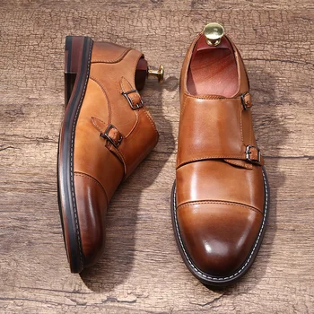 Homens brown Oxfords Vestido Formal Sapatos Goodyear Artesanais de couro Genuíno Monge Correia