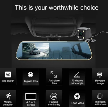 4.3 Polegadas Carro Dvr da Câmera de visão Traseira, Espelho de Lente Dupla Full HD 1080P Visão Noturna G-sensor Traço Cam Auto Gravador de Vídeo Registrator
