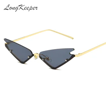 LongKeeper Estilo Punk sem aro, Óculos estilo Olho de Gato Mulheres Doces Cor de Metal Vintage Estreito Triângulo de Óculos de Sol oculos feminino