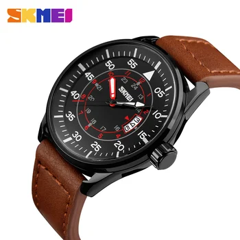 SKMEI Homens Relógios de Quartzo 50M Impermeável de Couro Genuíno Relógios de pulso de Homem Relógio Masculino Moda Casual Relógio 9113