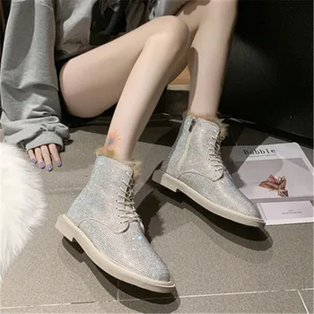 2020 Inverno Nova Moda De Sapatos De Mulher, Botas De Couro De Bling Strass Lace-Up Botas Para Mulheres Rodada Toe Ankle Boots Botas Mujer
