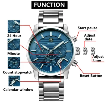 BENYAR de Negócios Desporto Cronógrafo de aço de Todos os Homens Relógios de Marca Top de Luxo Militar de Quartzo Masculino Watchwrist Relógio Relógio Masculino