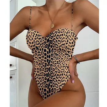 Maiô Mulheres estampa de Leopardo Bodysuit de Uma Peça de moda praia 2020 Nova Alça Acolchoada trajes de Banho Push-up Monokini Biquini maiô